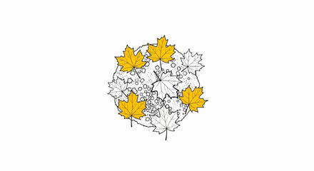 A stylized, circular arrangement of fall maple leaves in yellow and outline