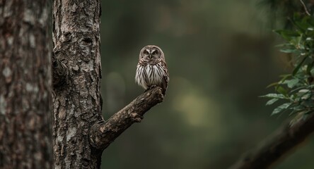 Obraz premium Little owl poised on a high tree branch in quiet forest