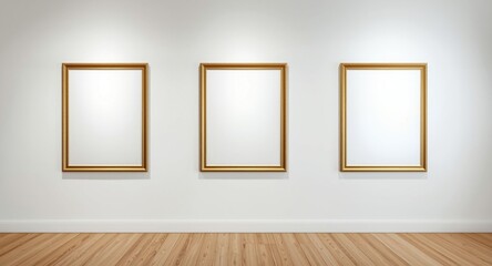 Gold framed vertical panels on white wall providing elegant display space