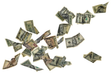 Set of flying dollars banknotes, money rain isolated on white background and texture, clipping path