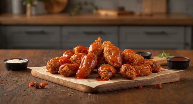 Breaded boneless chicken wings smothered in hot buffalo and tangy BBQ sauces
