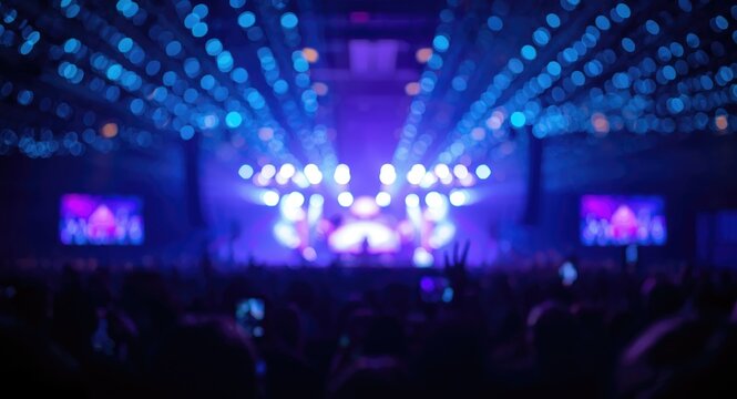 Faint blue and purple concert lights with luminous bokeh and designated copy space on a party themed background