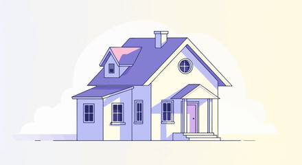Fototapeta premium A stylized illustration of a detached house with a purple roof and pale yellow walls