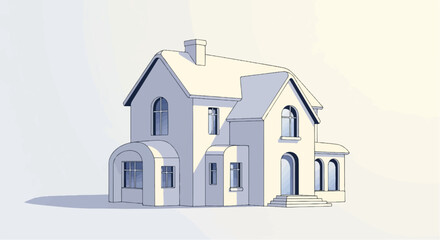 Fototapeta premium A stylized illustration of a detached, two-story house with arched windows and a chimney
