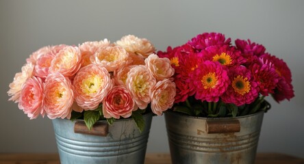Obraz premium Beautiful spring ranunculus flowers grouped in buckets with a colorful and textured appearance