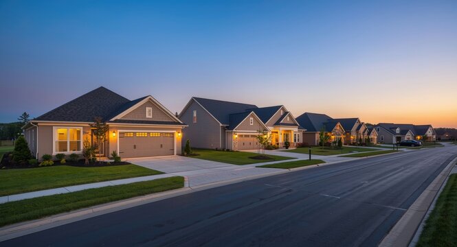 Evening scene of exclusive low density suburban homes in a rural cul de sac