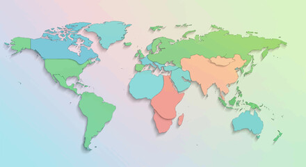 A stylized world map showing continents in pastel colors with a soft gradient background