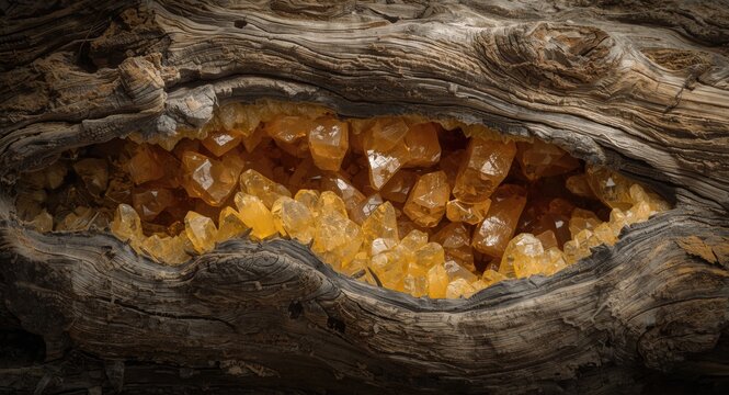 Honey calcite crystal on driftwood with highlights emphasizing natural texture