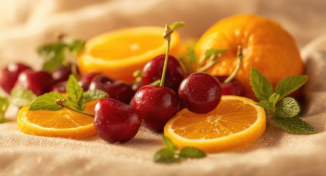 Healthy vitamin C snack combining sweet Rainier cherry and zesty orange with mint