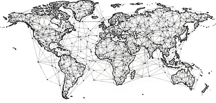 A wireframe world map graphic illustrating global connections