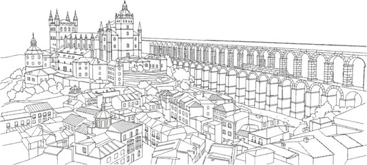 Obraz premium Architectural panorama featuring a grand aqueduct and a cathedral