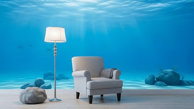 Underwater Living Room with Armchair and Floor Lamp