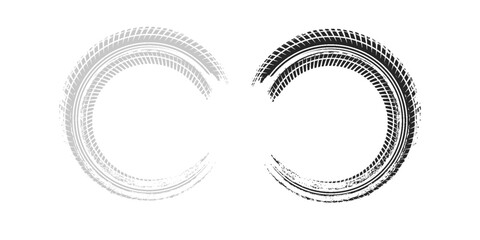 Tire tread marks, wheel textures, tire marks - car racing, motocross, drift, rally, off-road and others. Vector black isolated texture in grunge style with splashes.eps10 © ribut