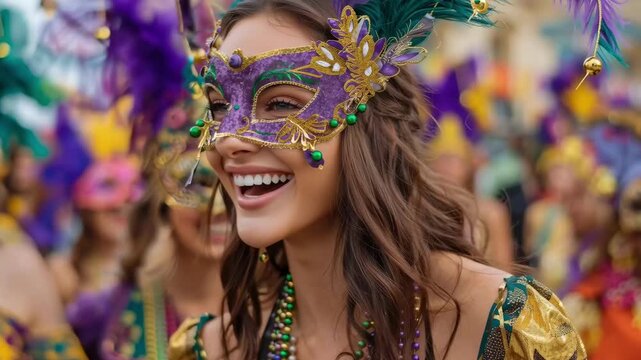 A young woman smiles while celebrating Mardi Gras, wearing a decorative mask and vibrant beads. Others in costumes join the festivities, creating a lively atmosphere during the event.