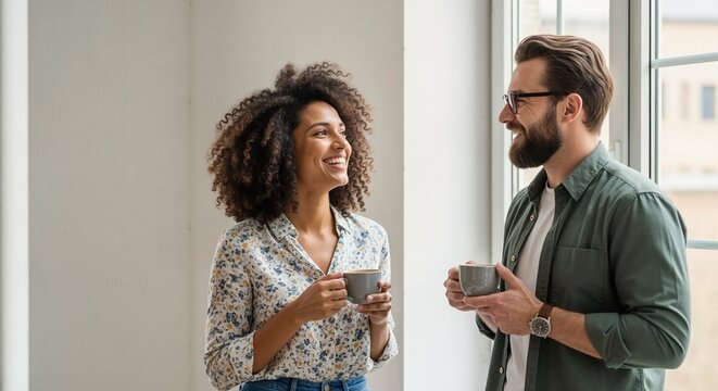 Diverse colleagues talking during coffee break in modern office. Smiling man and woman having conversation by window. Networking and workplace communication concept