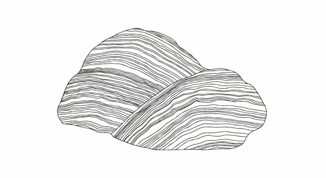 Abstract linework depicts layered, organic rock formations against a white background