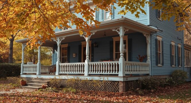 Blue painted home highlighted by a wrap around porch amid autumn foliage