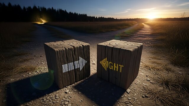 Sunset Path with Directional Signs in Rural Landscape