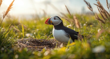 Happy puffin enjoying a playful moment on the summer grass lawn near its nest
