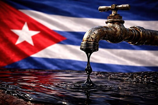 Oil tap dripping in front of the Cuban flag, a visual metaphor for international relations, the flow of energy resources, economic dependence, and geopolitical contex
