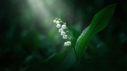 Emerald Solitude: A Macro Study of Glowing White Lily of the Valley Bells Emerging from Deep Shadowy Foliage