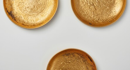 Above shot of decorative gold plated ceramic plates showing rough surface on isolated backdrop