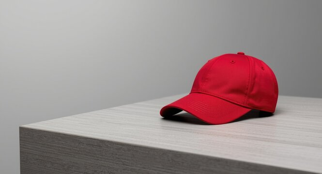 Detailed image of a red baseball cap set on a minimalistic table surface with copy space