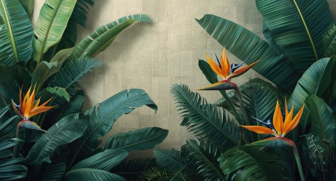 layered tropical plant wall wallpaper with jade palm banana leaves and emperor birds of paradise on textured paper material