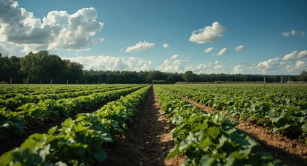 Cucumbers cultivated in neat rows within a wide farm field