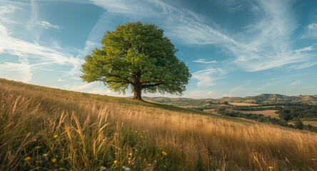 Naklejka premium A vibrant tree rising on a rolling hill with a serene meadow landscape and wispy clouds far away