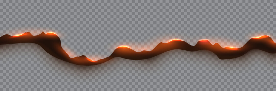 Paper burn fire background with torn edge and glowing embers. Paper fire effect on transparent backdrop, dark charred texture, orange heat glow. Realistic burning vector illustration.
