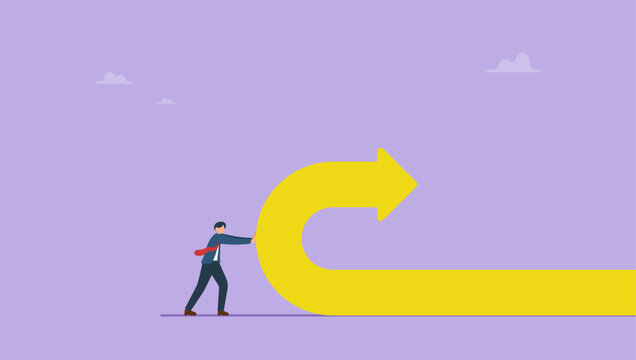 Businessman push back arrow symbol. Change of a direction, Businessman changing the path of a huge arrow to suggest a positive increase.