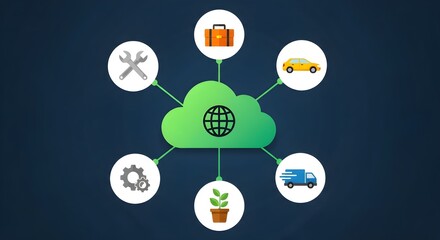 Cloud computing network illustration showcasing diverse digital services and applications for business, transport, tools, and environmental solutions, all interconnected in a central online ecosystem