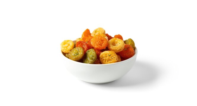 Bowl of mixed savory farsan snacks displayed against a bright white background