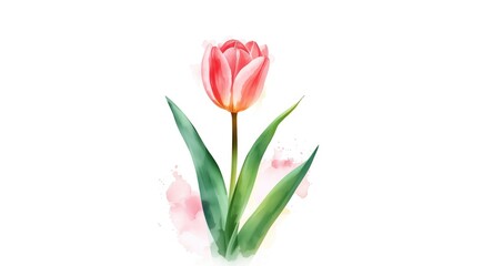 Fototapeta premium Artistic watercolor pink tulip with vibrant green foliage isolated on white