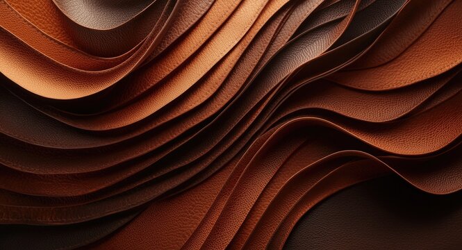 Layered waves of brown and orange leather textures forming a complex and visually striking abstract background