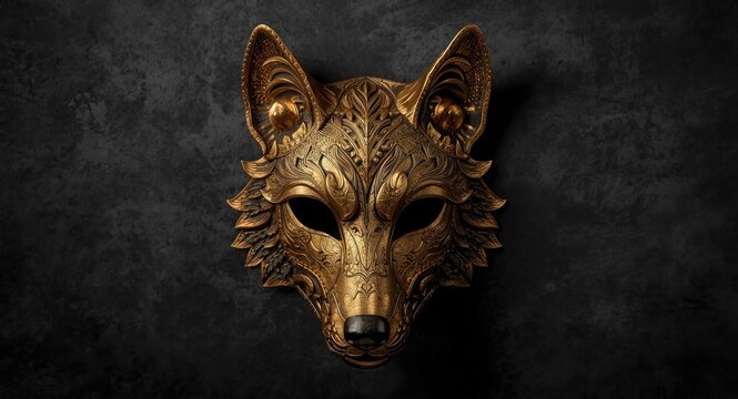 Artistic golden wolf metal mask displayed against a richly textured dark background