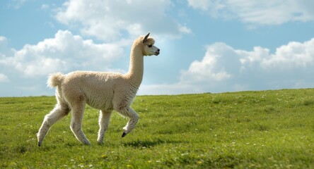 Obraz premium Content alpaca bounding over soft green lawn full length scene on a sunny summer day with copy space