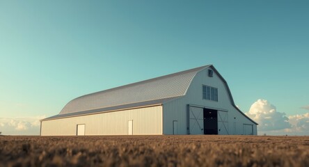 Clean modern dairy barn against a smooth blue sky