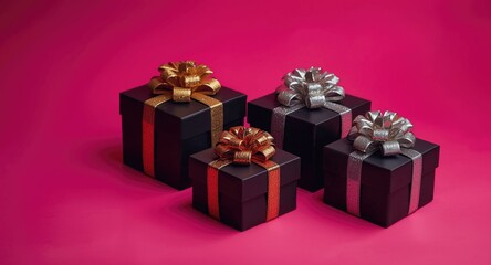 Obraz premium Black Friday gift boxes showcased on a lively pink colored backdrop