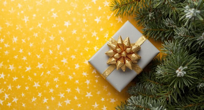Christmas celebration setup featuring a gray gift tied with golden bows among green conifer branches set against yellow star patterned copy space background