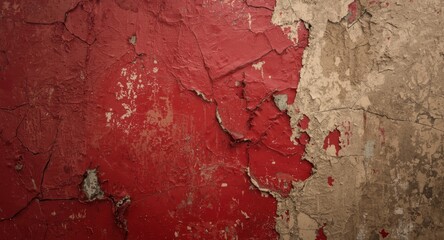 Copy space on textured wall exhibiting cracked red paint and beige exposed surface