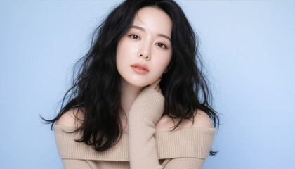 やわらかな光に包まれたナチュラルな美しさ、素肌感を引き立てるクリーンな女性イメージ