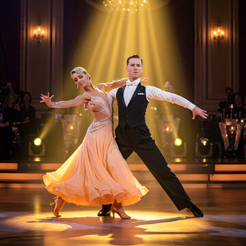 Ballroom Dancers in Elegant Performance on Stage.