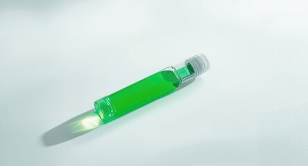 Green fluid in transparent vial placed on white background featuring space for text with natural light