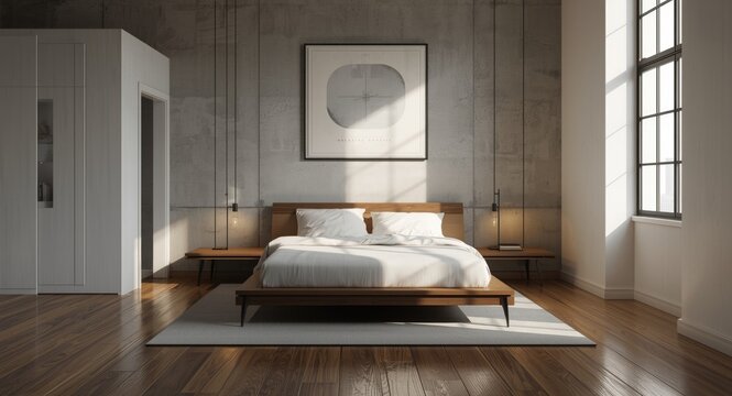 Elegant bedroom corner with double bed and horizontal poster, concrete and white wall combination, polished wooden floor, loft window
