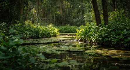Obraz premium A peaceful stream running through a thick forest covered with water lilies and towering vegetation