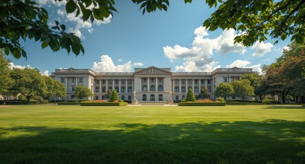 Government building outside with summer campus and lawn areas
