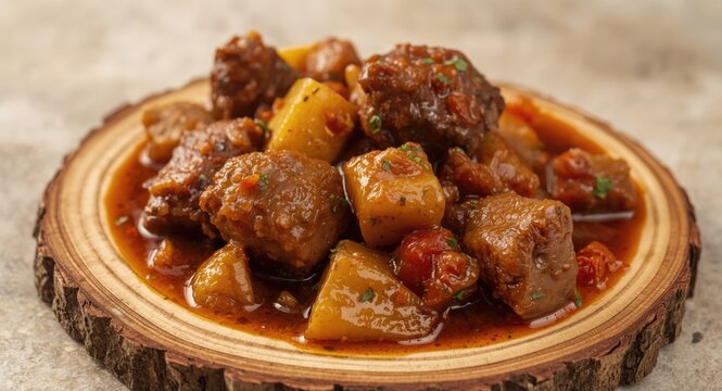 Detailed close up of savory Nigerian lamb Obe Ila Alasepo stew on natural wood slab