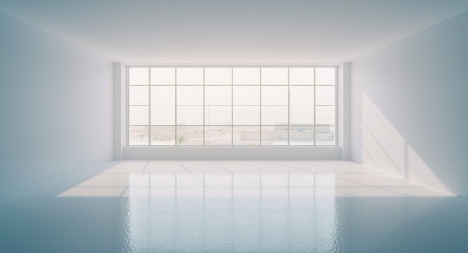 Empty room with white walls and large window natural light